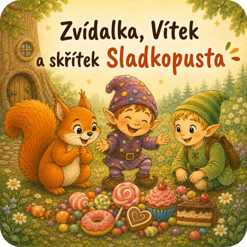 Úvodní ilustrace: Zvídalka, Vítek a skřítek Sladkopusta